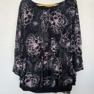 Laura Plus 1X Black Floral Blouse 3/4 Sleeve Flowy Peplum Top